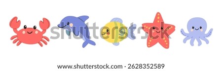 Sea animals set with starfish, fish, octopus, crab and dolphin. Flat marine animal illustration for kids.