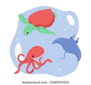 Conjunto de animales marinos. Rayas, tortugas y pulpos bajo el agua. Fauna silvestre y náutica. Vida marina y oceánica. Biología y zoología. Ilustración vectorial plana aislada sobre fondo blanco