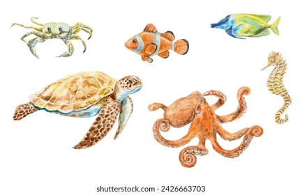 Sea animals set, watercolor. Turtle, octopus, fish, seahorse, crab. Vector illustration. Design element for postcards, travel banners, flyers, labels.