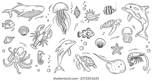 Sea animals set. Whale dolphin, sea shell, swimming turtle, fish, shrimp and lobster, stingray and jellyfish. Underwater life. Hand drawn vector sketch illustration in doodle engraved vintage line art