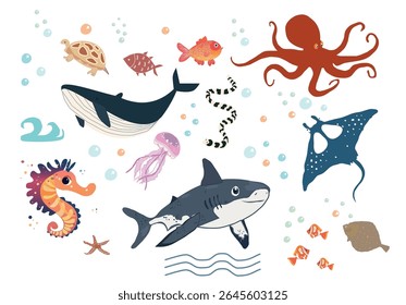 Sea animals set.Cartoon Ocean animals,cute sea ​​creatures:shark,seahorse,fish,clownfish,octopus,jellyfish,turtle,whale, flounder,vector illustration on white backgound