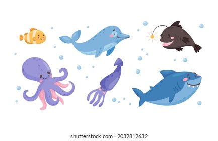 Sea Animals with Shark and Octopus Floating Underwater Vector Set