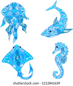 Sea animals, shark with a pattern on the body,scat with a pattern, sea horse, animals living in the sea, a pattern of shells and lines, a jellyfish with tentacles, vector illustrations, aquatic inhabi