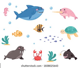 Sea Animals with Shark and Turtle Floating Underwater Vector Set.