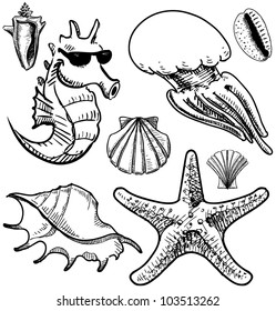 Sea animals and shells collection. Hand drawing sketch vector illustration