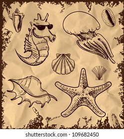 Sea animals and shells collection icon isolated on vintage background. Hand drawing sketch vector illustration