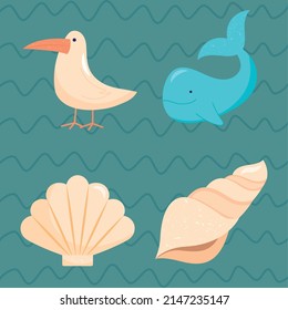 sea animals and shells icon set