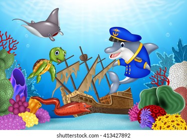 Sea animals with Shipwreck on the ocean