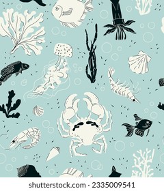 Sea animals shrimps, squids, crabs pattern seamless with seaweed and shells on blue background. Hand drawn tropical ocean creature illustration for cover, wallpaper, fabric, textile, wrapping paper
