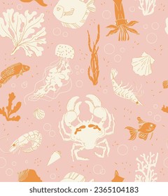 Sea animals shrimps, squids, crabs pattern seamless with seaweed and shells on pink background. Hand drawn tropical ocean creature illustration for cover, wallpaper, fabric, textile, wrapping paper