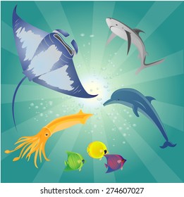 Sea animals, the sight from below, from above shines the sun