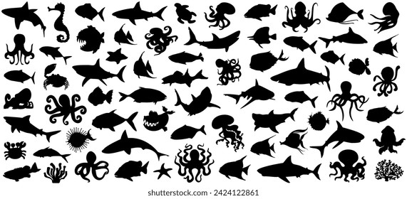 Sea animals silhouette collection. Fish, shark, octopus silhouette. Set of black sea animal silhouette icons. Black marine animals icons