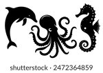 Sea Animals Silhouette: Octopus, Dolphin, Seahorse, Marine Life, Underwater Creatures, Flat Vector Illustration