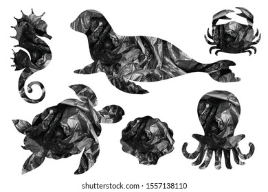 Sea animals silhouettes- black garbage bag. Elements for design- concept of saving the environment and plastic pollution of the world ocean