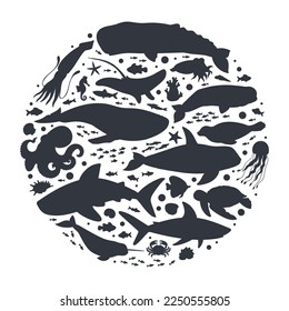 Sea animals silhouettes. Cartoon ocean life fauna, orca, dolphin, underwater aquatic creatures, whale, narwhal and seal vector illustration on white background