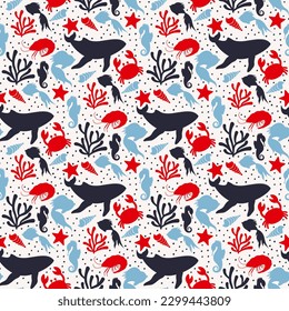 sea animals silhouettes colorful seamless pattern 