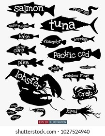 Sea animals silhouettes set. Sea animals names lettering. Vector illustration. Template for your design works.