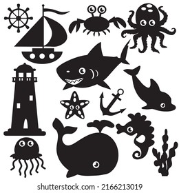 Sea Animals Silhouettes Vector Cartoon Illustration Stock Vector ...