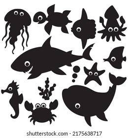 Sea Animals Silhouettes Vector Cartoon Illustration Stock Vector ...