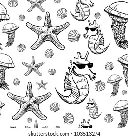 Sea animals sketch background. Seamless vector pattern