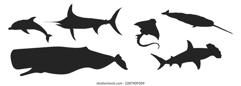 Sea animals. Sperm whale. Dolphin. Hammerhead shark. Stingray. Narwhal. Swordfish Vector illustration on a white background.