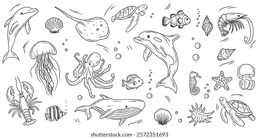 Sea animals sticker set. Whale dolphin, sea shell, swimming turtle, fish, shrimp and lobster, stingray, jellyfish. Underwater life. Hand drawn vector sketch illustration in engraved vintage line art