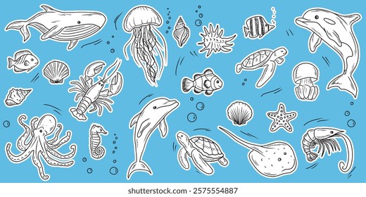 Sea animals sticker set. Whale dolphin, sea shell, swimming turtle, fish, shrimp and lobster, stingray, jellyfish. Underwater life. Hand drawn vector sketch illustration in engraved vintage line art