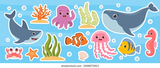 Sea animals stickers set. Shark and violet octopus. Whale and fish. Underwater dwellers, sea life. Ocean flora and fauna, wild life. Cartoon flat vector collection isolated on blue background