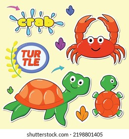 Sea animals stickers set, Vector collection, Turtle and crab