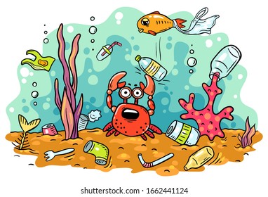 Sea animals suffer from ocean pollution with plastics, ecology and environment concept, vector illustration