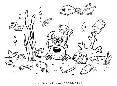 Sea animals suffer from ocean pollution with plastics, ecology and environment concept, vector illustration