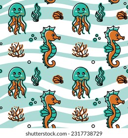 Sea animals, summer print for kid textile and other products. Seamless pattern. Vector.