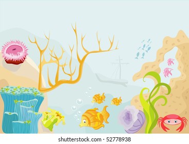 Sea animals with the sunk ship under water