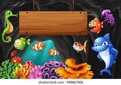 Sea animals swimming around wooden sign illustration