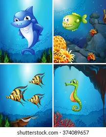 Sea animals swimming in the ocean illustration