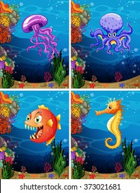 Sea animals swimming under the sea illustration