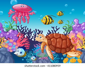 Sea animals swimming under the ocean illustration