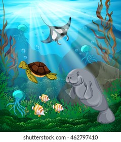 Sea animals swimming under the ocean illustration