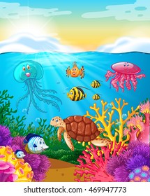 Sea animals swimming under the ocean illustration