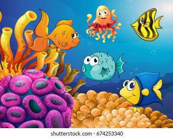 Sea animals swimming under the ocean illustration