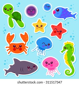 Sea animals swimming in the sea. Vector illustration sticker collection.
