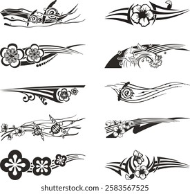 Sea animals and tropical flowers vector tribal designs, great for vehicle and boat graphics, decals, stickers, T-shirts, signs. Human-made graphics in black and white, vinyl-ready. Summer exotic theme