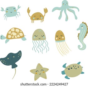 Sea animals, turtle, octopus, crab, seahorse, jellyfish, vector illustration for design, print,