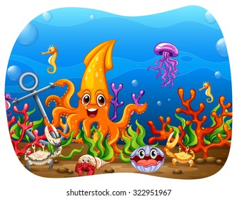 Sea animals under the water illustration