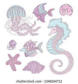 SEA ANIMALS Underwater Cartoon Ocean Summer Tropical Cruise Vacation Vector Illustration Set