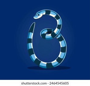 Sea animals and underwater font, letter B as cartoon sea snake or undersea character, vector ABC. Sea animal font type or underwater ocean alphabet letter B as sea snake krait for undersea typography