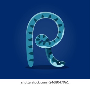 Sea animals in underwater font, letter R as undersea cartoon character, vector ABC alphabet. Sea animals font or ocean ABC typeface with funny sea snake or eel fish in letter R for undersea type