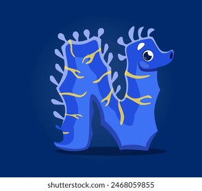 Sea animals in underwater font, letter N as seahorse cartoon character, vector undersea alphabet. Sea animals font or ocean ABC typeface with funny seahorse in letter N for kids tropical undersea type