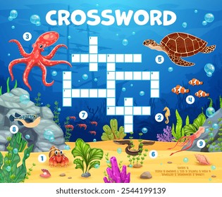 Animales marinos en el paisaje submarino en la cuadrícula del juego del concurso del crucigrama, hoja de trabajo del Vector. Juego de crucigramas para niños para adivinar nombres de animales submarinos del océano de dibujos animados y peces submarinos del mar de arrecifes de coral