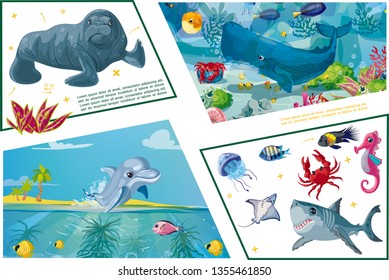 Sea animals and underwater life concept with seal whale dolphin shark fishes crab seahorse jellyfish stingray seaweeds in cartoon style vector illustration